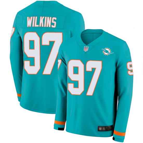 Dolphins 97 Christian Wilkins Aqua Green Team Color Men Stitched Football Limited Therma Long Sleeve Jersey